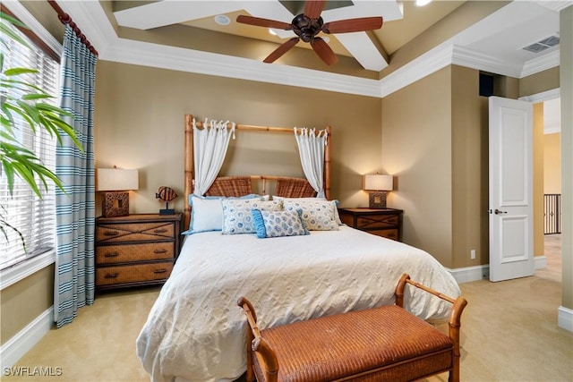 bedroom featuring visible vents, light carpet, crown molding, baseboards, and ceiling fan