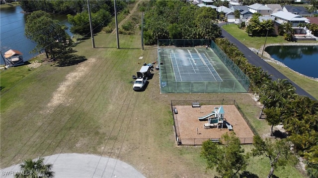 drone / aerial view featuring a water view