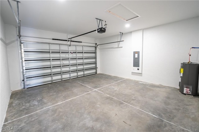 garage featuring electric panel, a garage door opener, and water heater