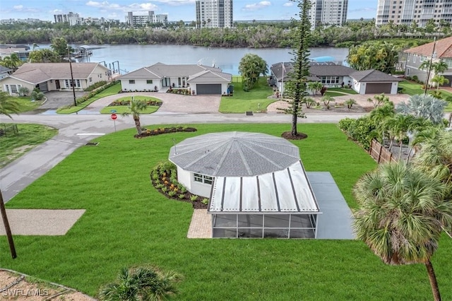 bird's eye view with a water view and a view of city