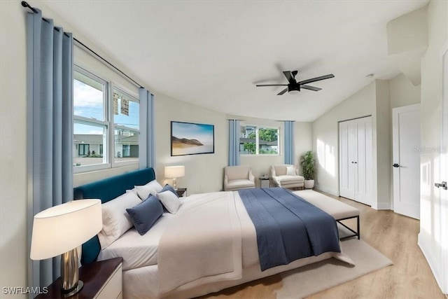 bedroom with ceiling fan, vaulted ceiling, wood finished floors, and a closet