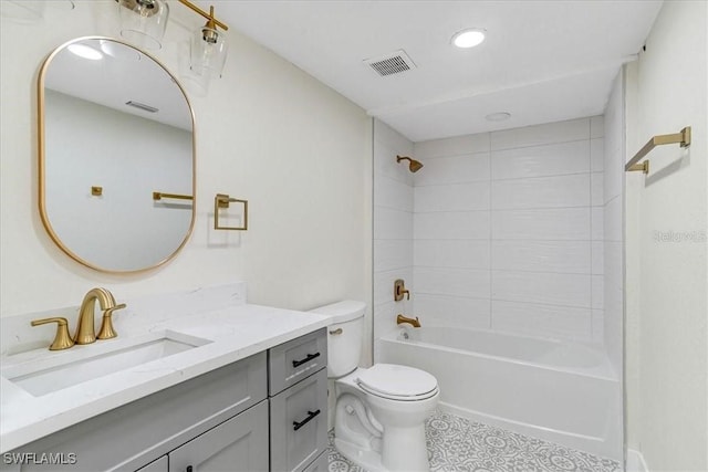 full bathroom with tile patterned floors, vanity, shower / bath combination, toilet, and visible vents
