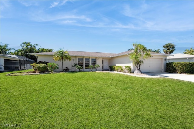 single story home featuring stucco siding, a front yard, an attached garage, and driveway