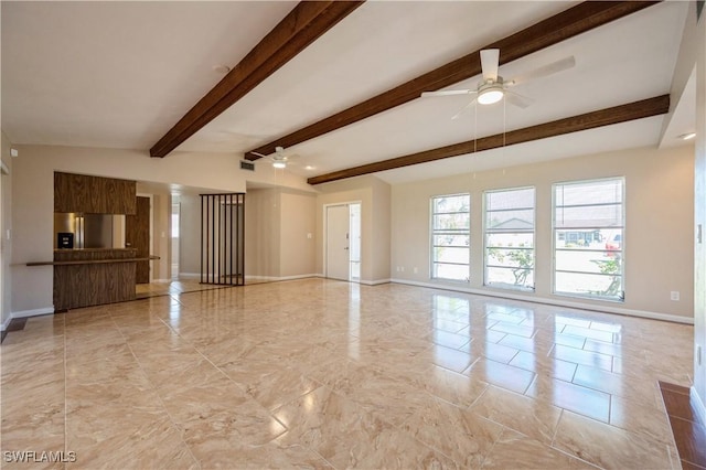 unfurnished living room with beamed ceiling, baseboards, visible vents, and a ceiling fan