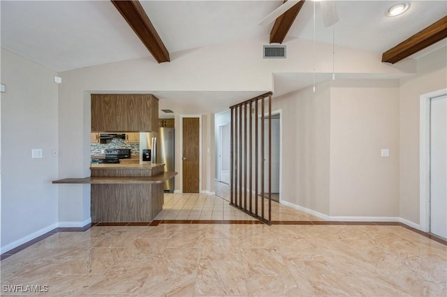 kitchen with visible vents, black / electric stove, vaulted ceiling with beams, and stainless steel fridge with ice dispenser