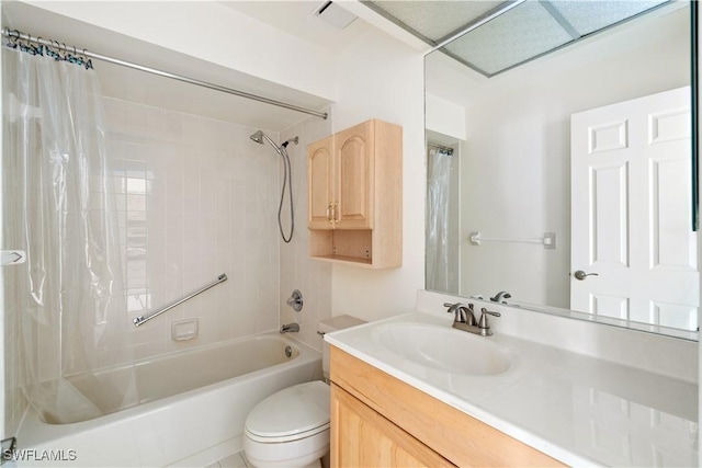 full bath with toilet, vanity, and shower / bath combination with curtain