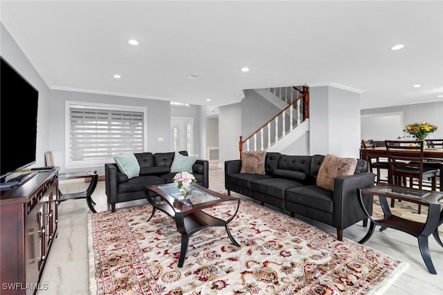 living room featuring recessed lighting, marble finish floor, ornamental molding, and stairs