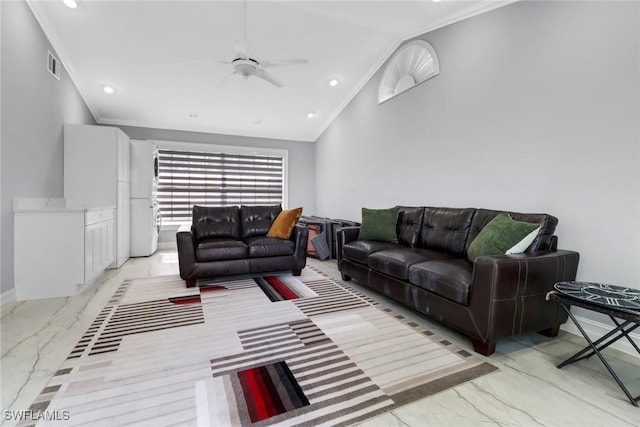 living room featuring visible vents, ceiling fan, lofted ceiling, ornamental molding, and marble finish floor