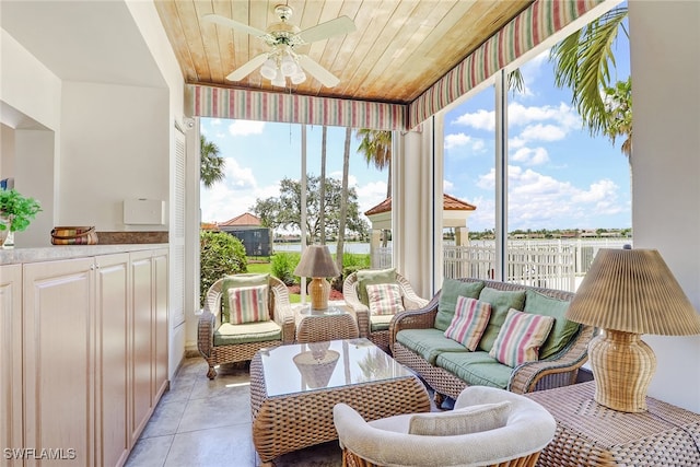 sunroom with wood ceiling and ceiling fan