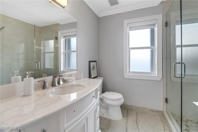 bathroom with visible vents, ornamental molding, a stall shower, marble finish floor, and vanity