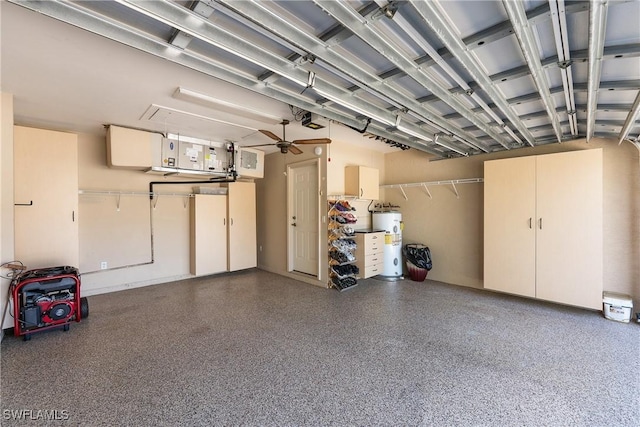 garage featuring ceiling fan, a garage door opener, and electric water heater