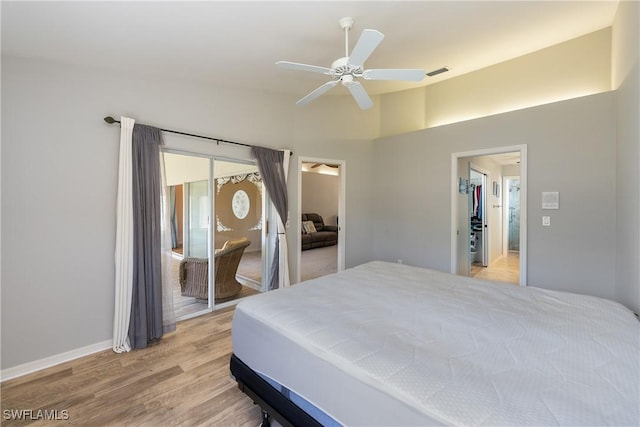 bedroom featuring light wood-type flooring, visible vents, access to exterior, baseboards, and ceiling fan