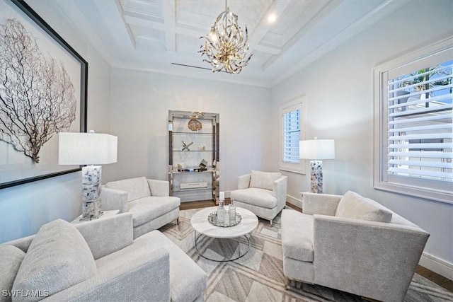 living room with beamed ceiling, wood finished floors, baseboards, and coffered ceiling