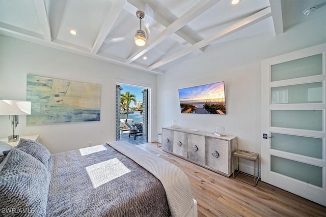 bedroom with access to outside, recessed lighting, vaulted ceiling with beams, and wood finished floors