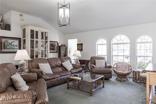 carpeted living area featuring lofted ceiling, a notable chandelier, and a healthy amount of sunlight