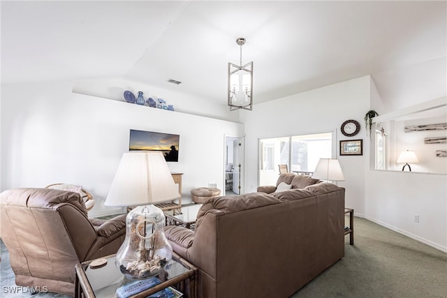 carpeted living room featuring visible vents, baseboards, an inviting chandelier, and vaulted ceiling