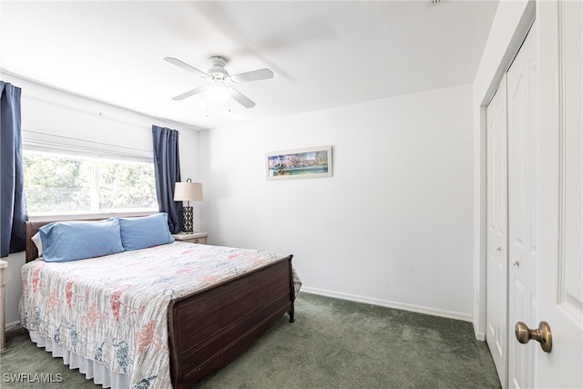 carpeted bedroom featuring a closet, baseboards, and ceiling fan