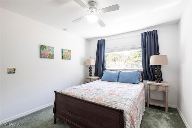 bedroom with baseboards, carpet floors, and ceiling fan