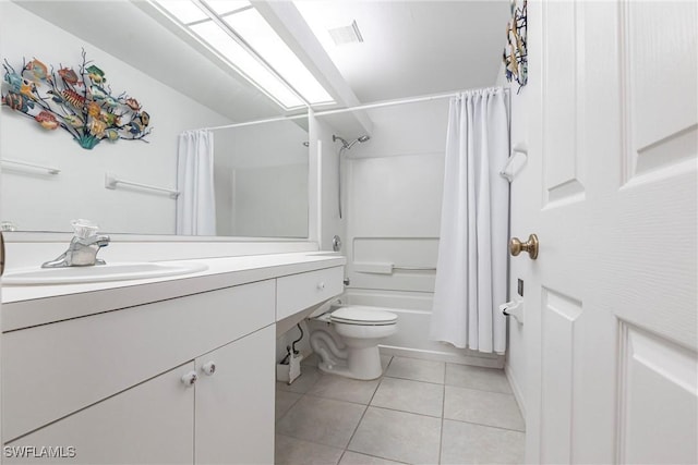 bathroom with vanity, visible vents, shower / bath combination with curtain, tile patterned floors, and toilet