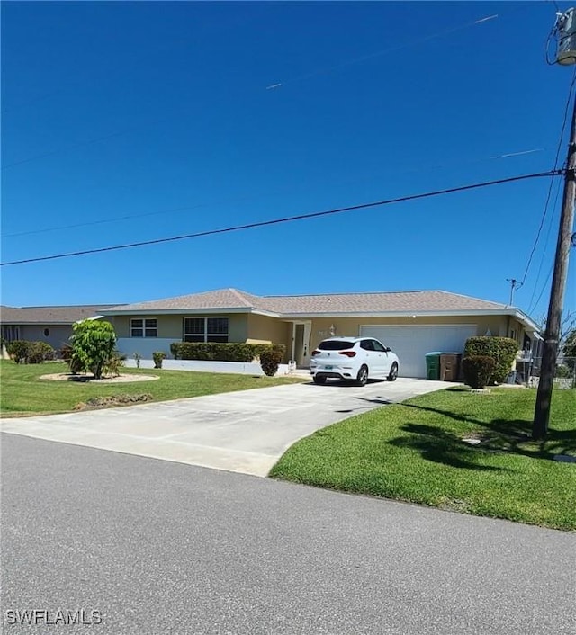 ranch-style home featuring stucco siding, an attached garage, concrete driveway, and a front yard