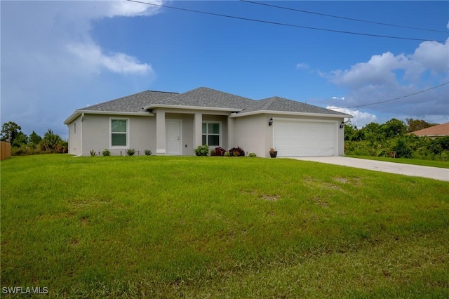 view of front of home with stucco siding, driveway, roof with shingles, a front yard, and an attached garage