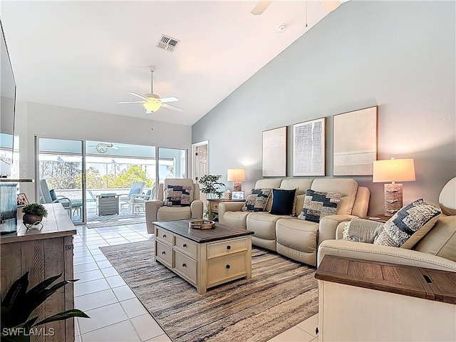 tiled living area with visible vents, high vaulted ceiling, and ceiling fan