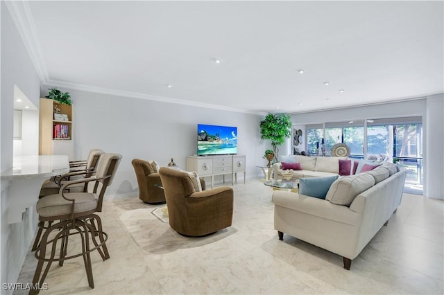 living room with recessed lighting, crown molding, and baseboards