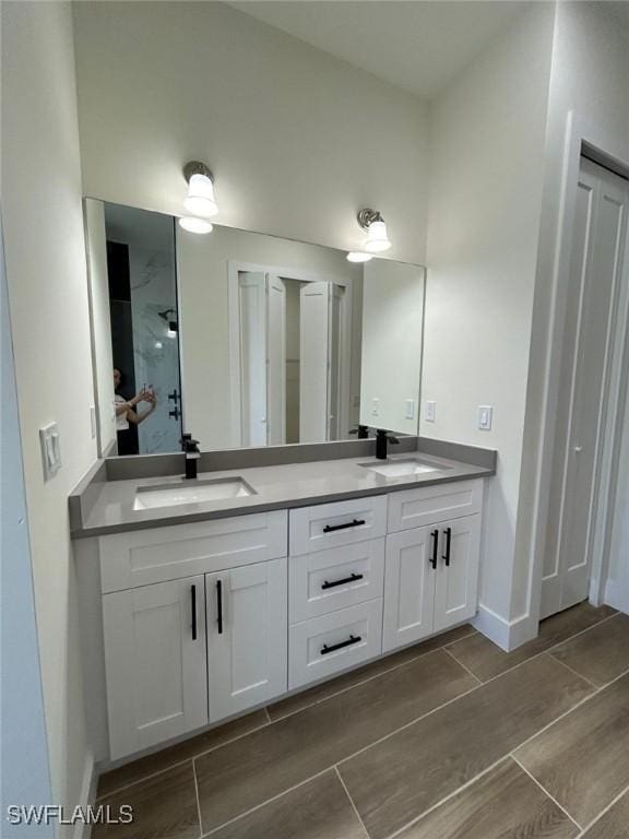 bathroom featuring a sink, double vanity, and wood tiled floor