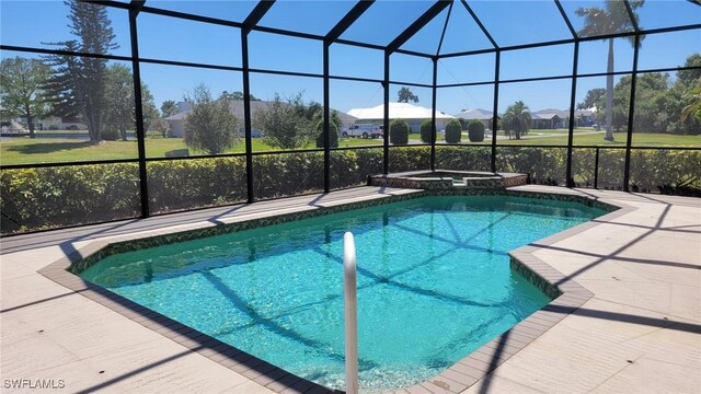 11573 SW Dallas Dr N, Lake Suzy, FL 34269 - view of swimming pool featuring a residential view, a patio area, a pool with connected hot tub, and a lanai