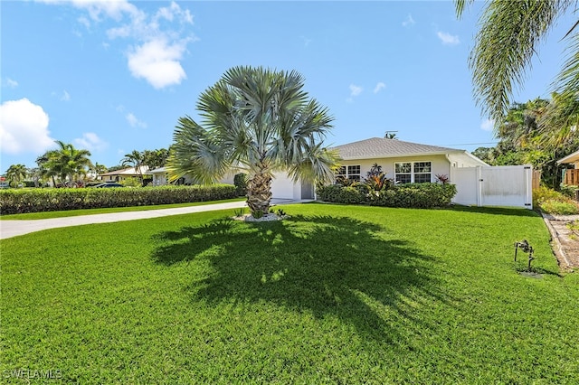 view of front of house with stucco siding, driveway, a front lawn, a gate, and an attached garage