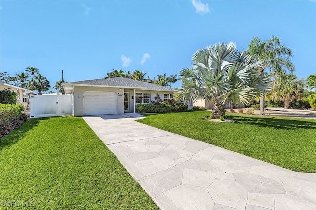 ranch-style house featuring a front yard, a gate, stucco siding, concrete driveway, and a garage