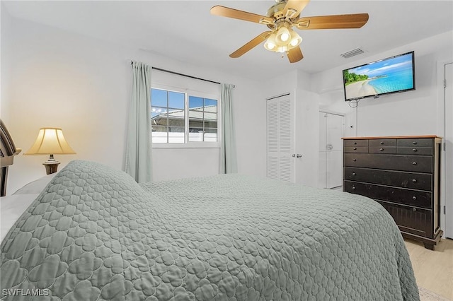 bedroom with light wood-type flooring, visible vents, and ceiling fan