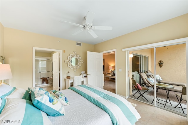 bedroom featuring light tile patterned floors, visible vents, connected bathroom, and ceiling fan