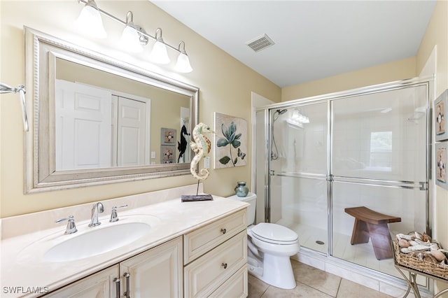 full bath with vanity, visible vents, a stall shower, tile patterned flooring, and toilet