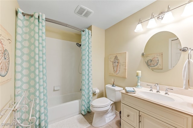 full bath featuring visible vents, toilet, shower / bath combo, tile patterned flooring, and vanity