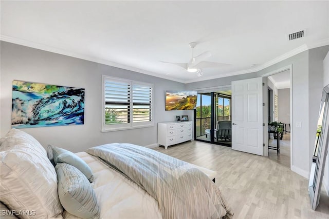 bedroom with access to exterior, crown molding, ceiling fan, baseboards, and light wood-style floors