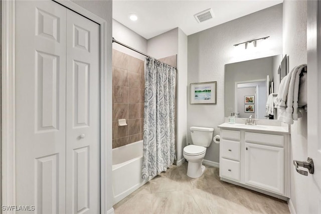 full bathroom with visible vents, toilet, a closet, shower / bath combination with curtain, and vanity