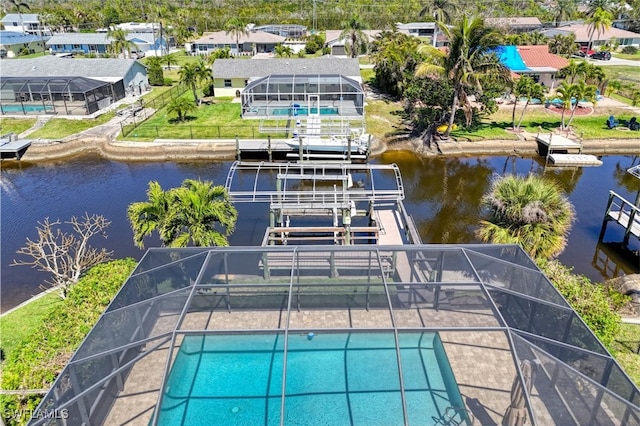 drone / aerial view with a water view