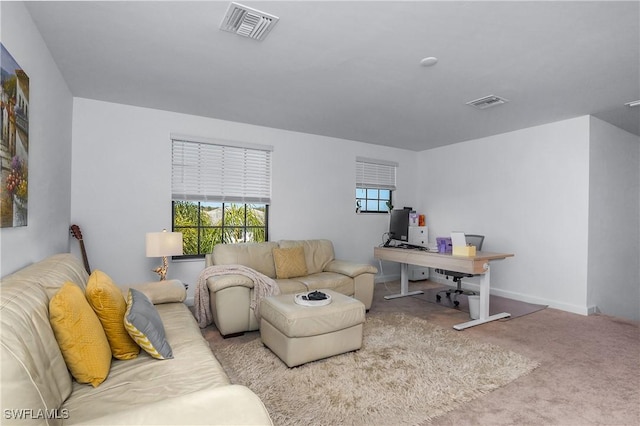 office area with visible vents, baseboards, and carpet