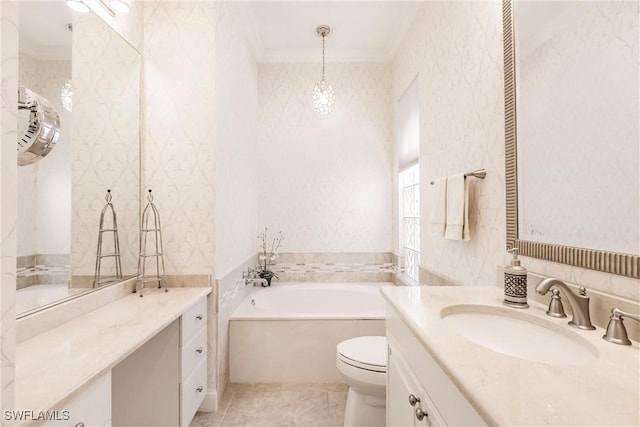 full bathroom with wallpapered walls, crown molding, toilet, a garden tub, and vanity