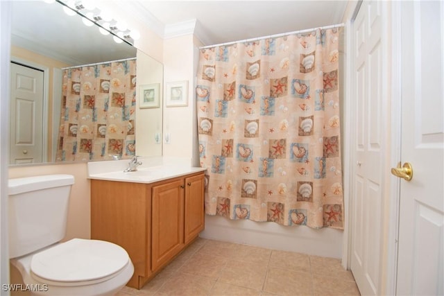 bathroom with tile patterned floors, toilet, shower / tub combo, crown molding, and vanity