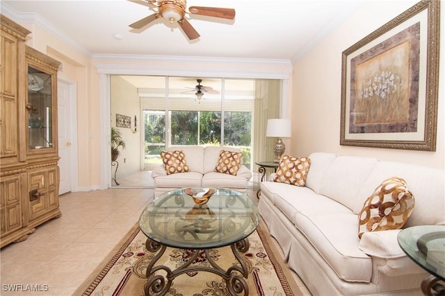 living area featuring light tile patterned floors, crown molding, and a ceiling fan