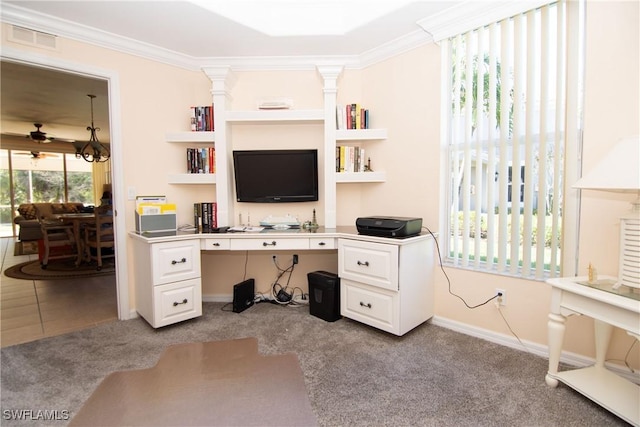 home office featuring visible vents, baseboards, carpet, and ornamental molding