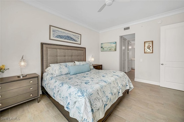 bedroom featuring visible vents, a ceiling fan, crown molding, and baseboards