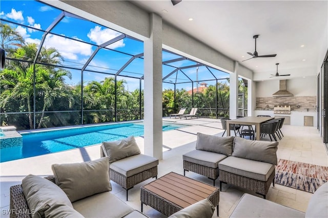 pool featuring glass enclosure, a patio, a ceiling fan, an outdoor living space, and area for grilling