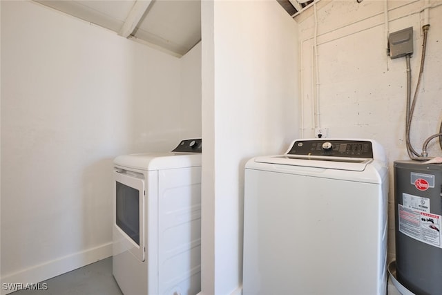 washroom featuring laundry area, washing machine and dryer, and electric water heater