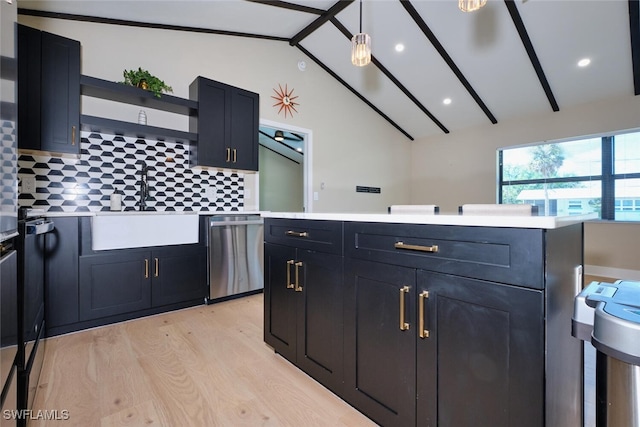 kitchen with open shelves, vaulted ceiling with beams, light countertops, stainless steel dishwasher, and backsplash