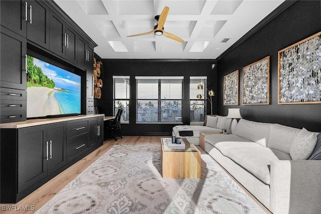 living room featuring visible vents, light wood finished floors, coffered ceiling, beam ceiling, and ceiling fan