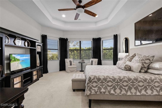 bedroom with multiple windows, a raised ceiling, and carpet floors