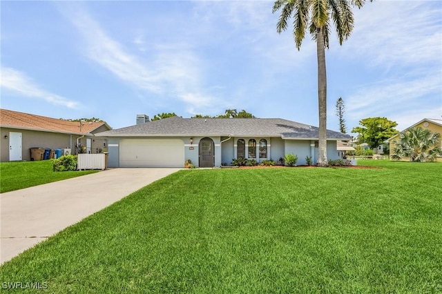 ranch-style house featuring stucco siding, an attached garage, driveway, and a front lawn